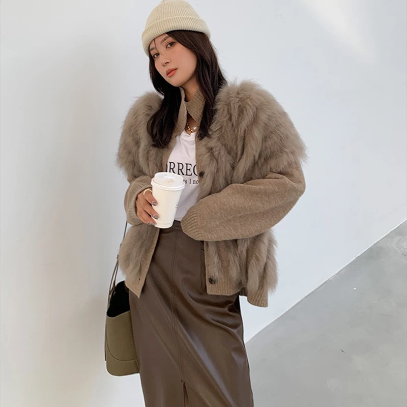 Women Real Fox Fur Knitting Oversize Loose Spring Fox Fur Strip Sewed Together Outside Decoration Turn-down Collar Sweater Coat