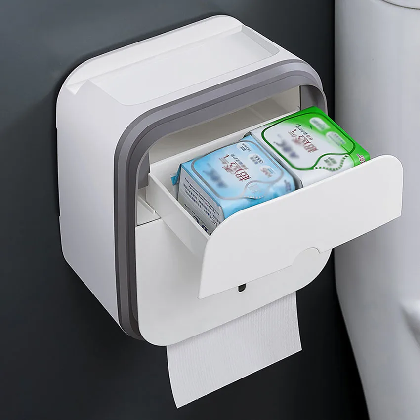 Double Layer Paper Holders Waterproof Home Tissue Box With Drawer Wall Mounted Toilet Sanitary Napkin Box Roll Paper Shelf Tube