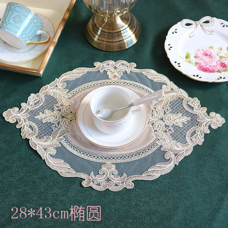 Oval 28x42cm European Luxury Lace Embroidered Restaurant Velvet Placemat Small Balcony Coffee Cup Table Mat Vase Pad Coaster