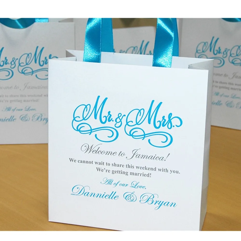 Personalized Mr & Mrs Wedding Welcome Bags with Light Blue ribbon  and names Elegant Blue and Silver  wedding favor for guests