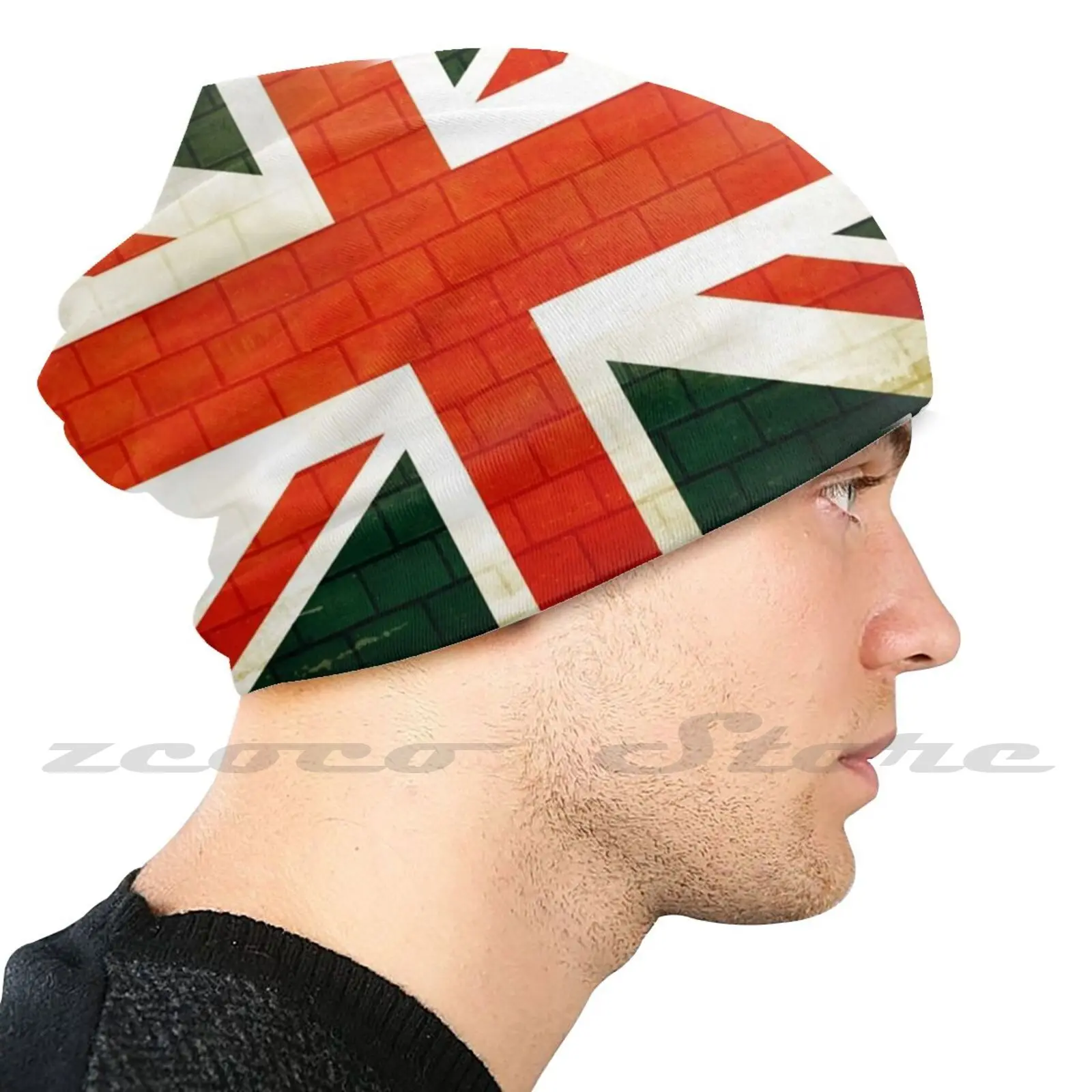 Great Britain Flag On The Wall Knit Hat Elastic Soft Personalized Pattern Present Cap Great Britain Flag Destroyed Wall Bricks