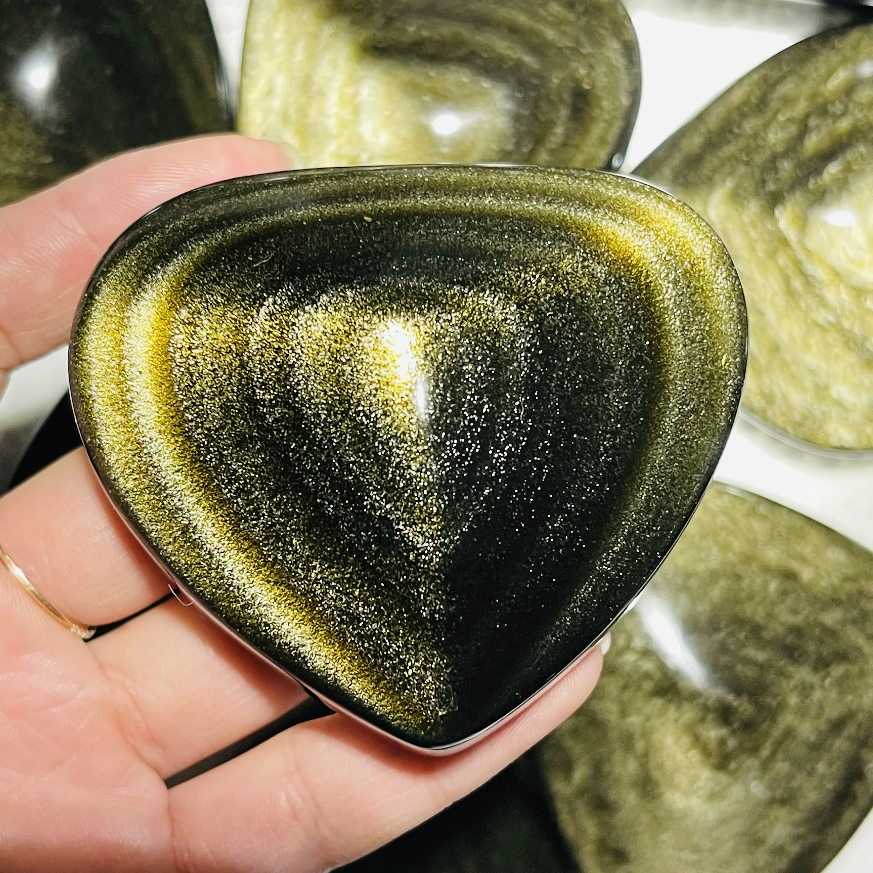 Natural Gold Obsidian Cat Eyes Quartz Crystal Heart Healing Decor Gift