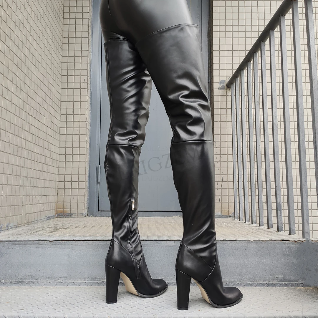 LAIGZEM Women Thigh High Boots Round Toe Chunky Thick Heels Side Zip Frauen Stiefel Faux Leather Shoes Woman Big Size 40 47 52