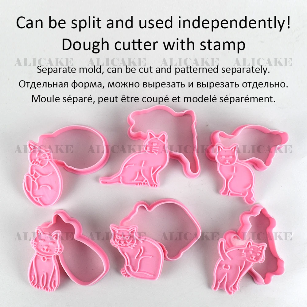 6Pcs Set Cat Cookie Cutter Stamp Plastic Cartoon Pressable Biscuit Mold Pussy Confectionery Kitchen Baking Pastry Bakeware Tools