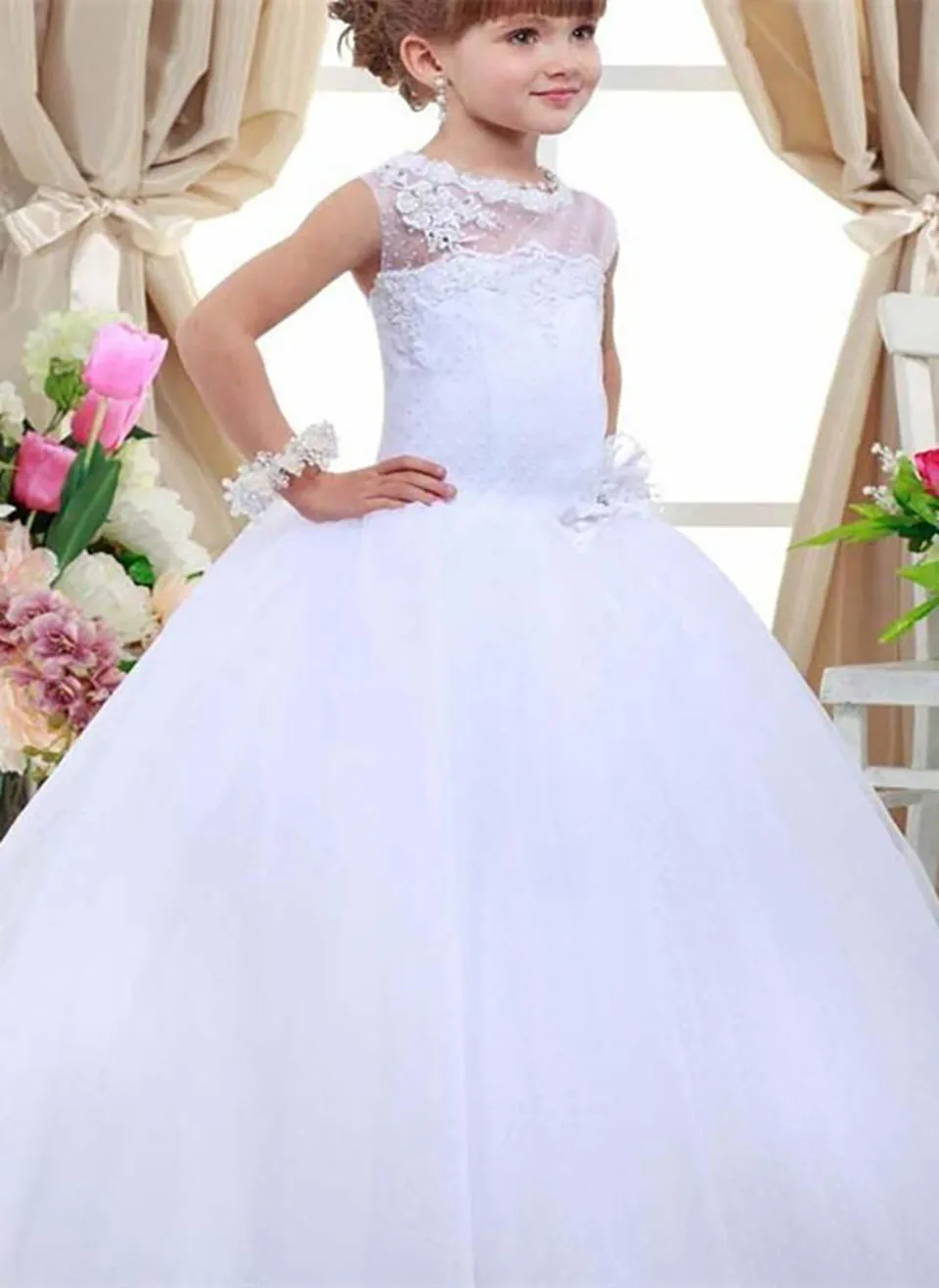 

New O-Neck Girls Pageant Birthday Christmas Kids Formal Wear Wedding Party Events Tulle Applique White Flower Girls Dresses