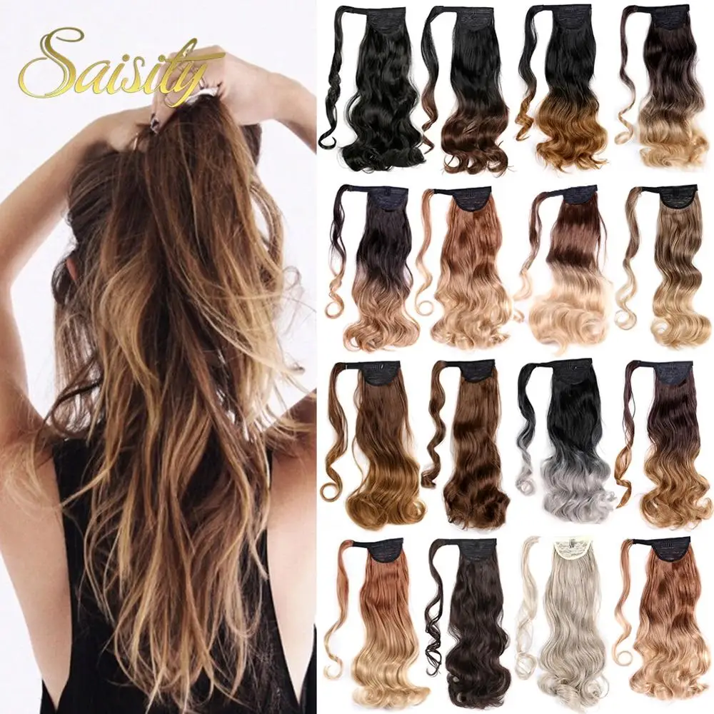 Saisity 18Inches Synthetic Long Wavy Wrap Clip In Ponytail Hair Extension Wrap Around Ponytail Fake Pony Tail Hair