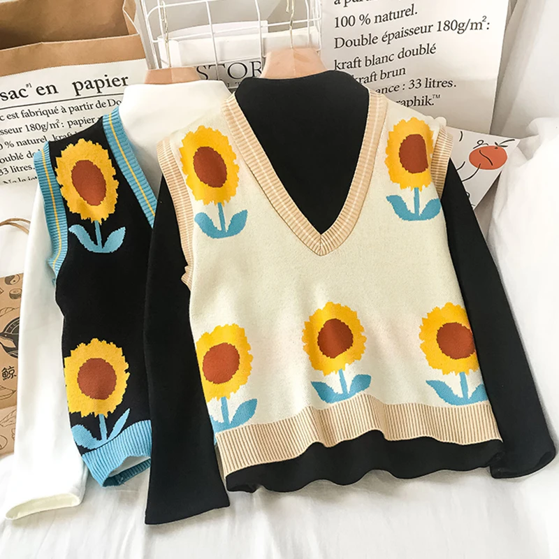 

Sunflower Vintage V-Neck Knitted Vest Pullover Womens Sweater Autumn Winter Korean Wild Sweater Sleeveless Tank Top Waistcoat