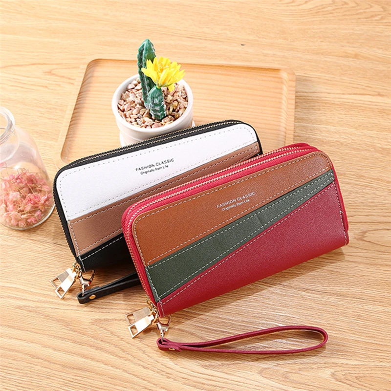 Long 4-Color PU Leather Wallet Women's Patchwork Coin Purses Female Double Zipper Clutch Money Credit Card Holder High Capacity