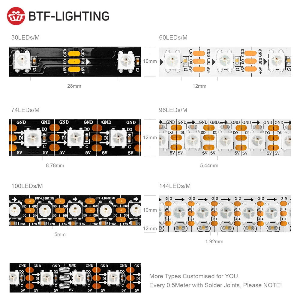 Bande lumineuse LED RVB, lumières intelligentes adressables, Pixels magiques, noir, blanc, PCB, IP30, 65, 67, WS2812B, DC5V, WS2812