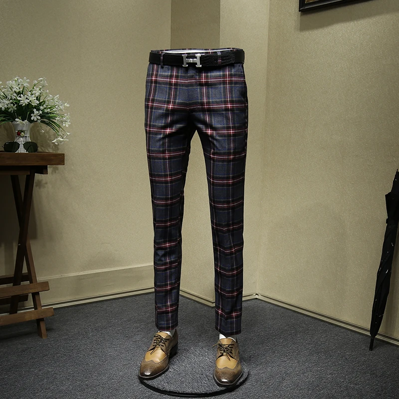 men pants retro slim business man streetwear England style red plaid mens pants autumn spring young mans clothing 30 36