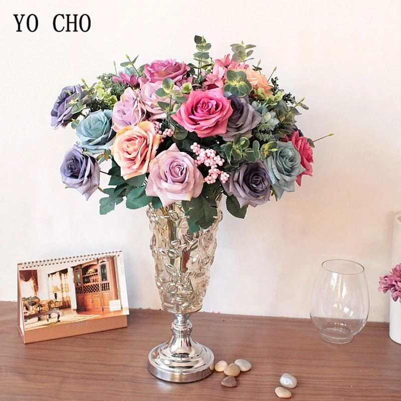 YO CHO 6 Heads Silk Roses Artificial Silk Flowers Bouquet Home Hotel Table Decoration Fake Flowers Wedding Bride Holding Florals