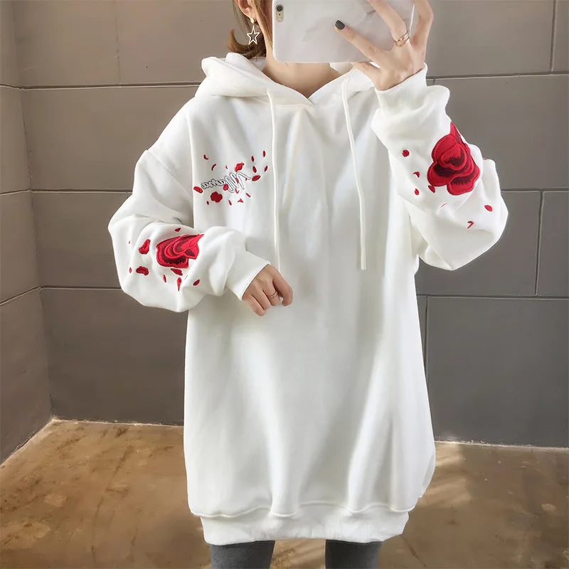 High Quality Autumn Winter Thicken Hoodie Chinese Style Crane Rose Embroidered Sweatshirt Oversized Warm Long Pullover Outwear