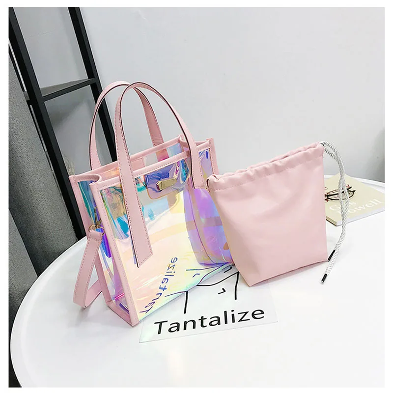 2024 New Summer transparent bag fashion ladies handbag 2 pcs Messenger Crossbody pack PVC Big Beach Shoulder bags for women