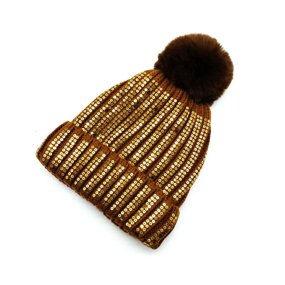 Sequins Beanie for Women Girls Warm Winter Hat Ribbed Brown White Pink Hat Faux Fur Pompom Beanie with Soft Lining