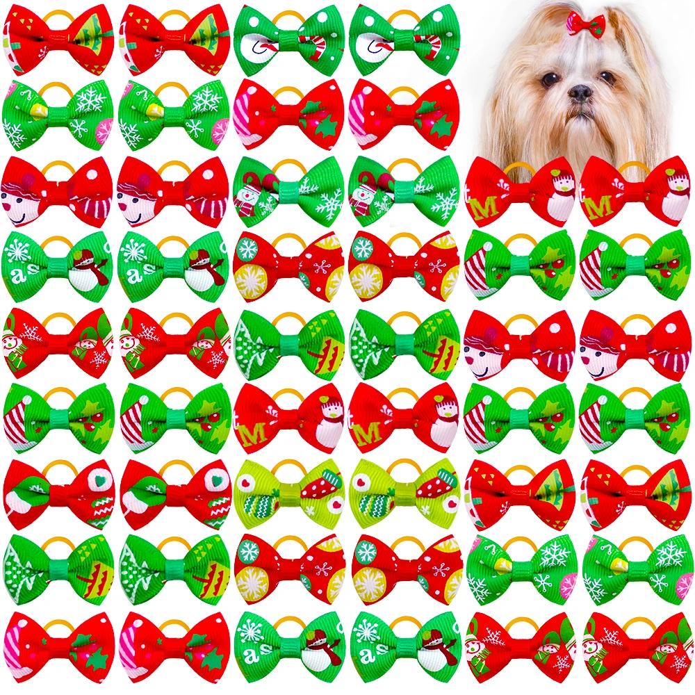 100pcs Christmas Dog bows Dog Hair Accessories Xmas Pet Small Dog Hair Bows Pet Supplies Rubber Santa Snowman Bows For Dogs