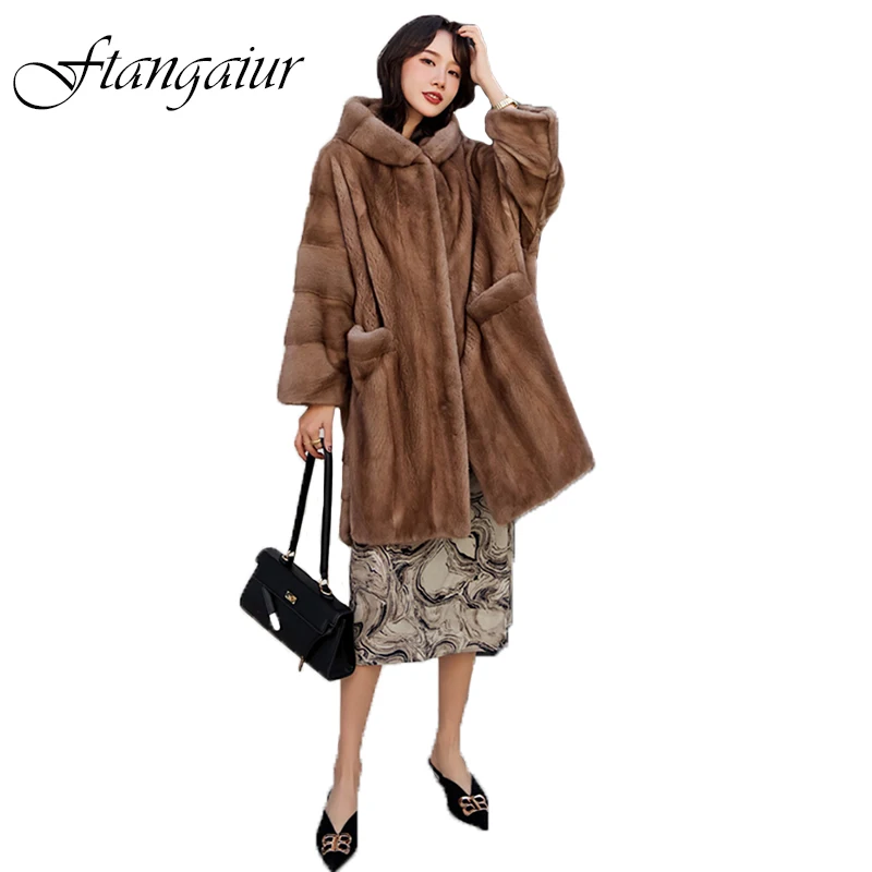 

Ftangaiur Winter Import Velvet Mink Fur Coat Women Full Sleeve With Hood Solid Losse Medium Natural Real Mink Fur Coats