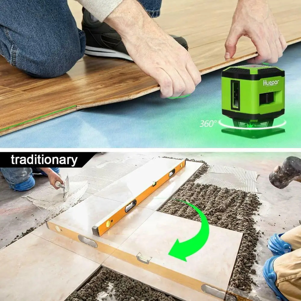 Imagem -06 - Huepar-green Beam Floor Laser Level Linha Cruzada Auto-nivelante de 360 ° Ferramenta para Colocação de Azulejos Quadrado com Base Fl360g