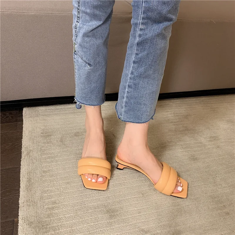 Square heel Shoes Woman 2024 Female Slippers Low Heeled Mules Candy Colors Block New High Slides Rome Rubber PU Basic Fabric Sca