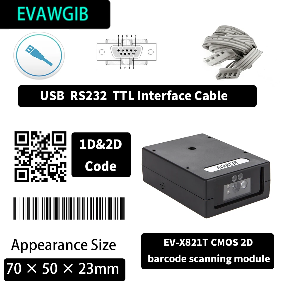 Imagem -03 - Evawgib Ev-x620 Laser 1d Módulo de Digitalização de Código de Barras Fixo Ev-x821t Cmos 2d Mini Tamanho Módulo de Digitalização de Código de Barras