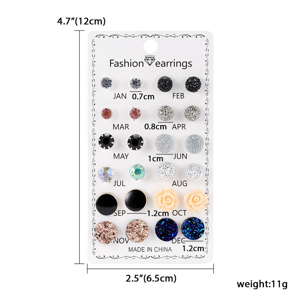 SUMENG 12 Pairs 2024 New Fashion Earrings For Women Assorted Crystals Druzy Stone Resin  Round Stud  Set Gifts