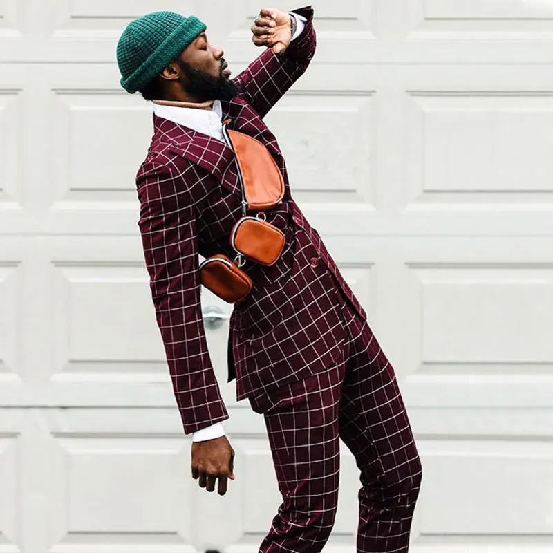 

Burgundy Damier Check Men's Suit Peaked Lapel For Wedding Male Blazer Formal Tuxedos Slim Fit Prom Jackets With Trousers