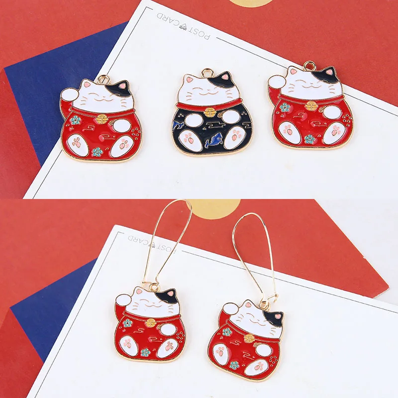 10PCS Lucky Cat Enamel Alloy Charms Pendants Drop Oil Animal Charms Fit DIY Earring Bracelet Keychain Jewelry Accessory YZ714