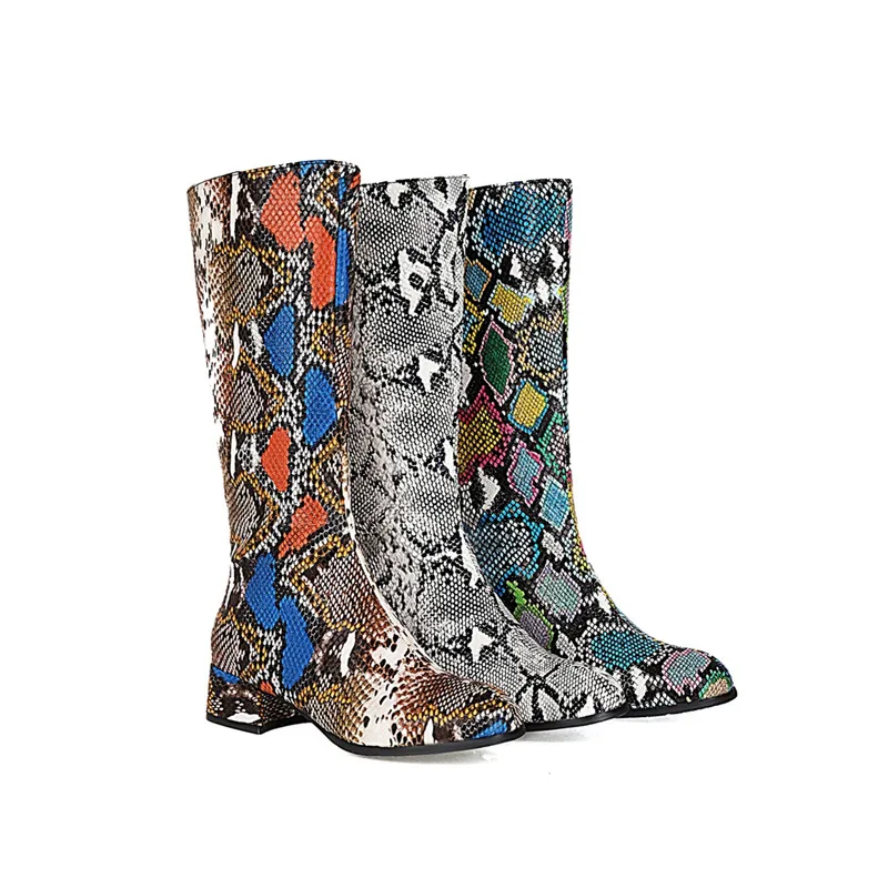 MORAZORA 2022 big size 33-48 women boots med heels round toe fashion snake winter boots pu leather knee high boots