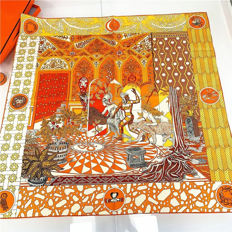 POBING Manual Hand Rolled Twill Silk Scarf Women Animals Forest Square Scarves Echarpes Foulards Femme Wrap Bandana Hijab 90CM