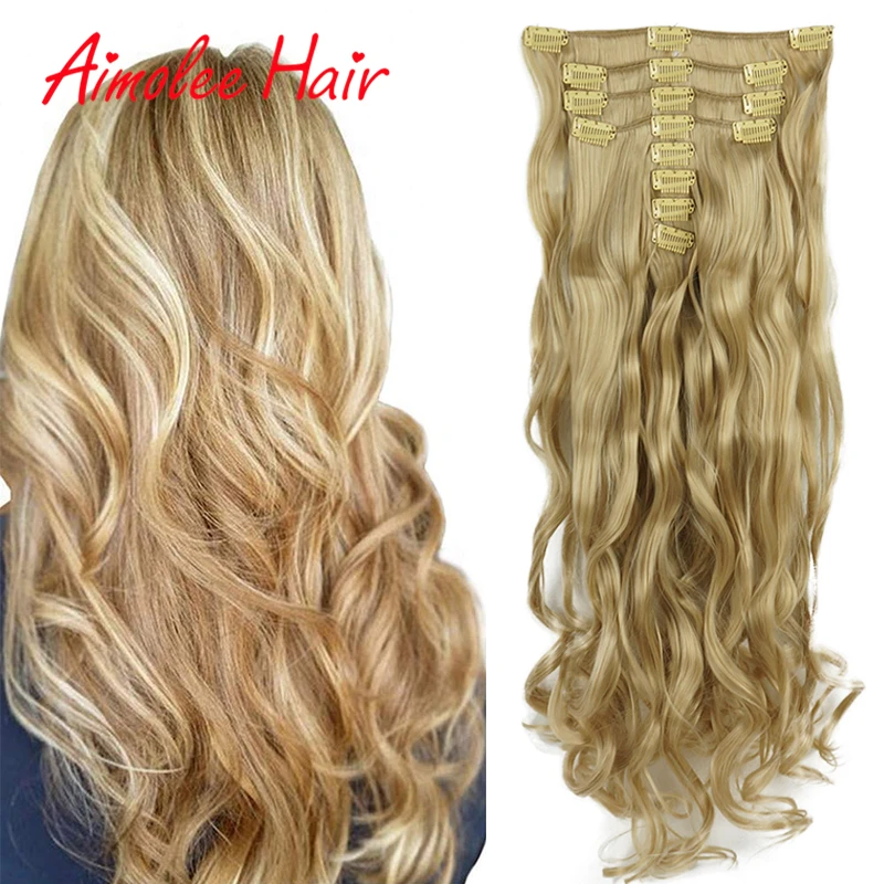 

8Pcs/set 16 Clip 24inch Long Wavy Synthetic Clips In Hair Extensions For Women Hairpieces Blonde Gold Fake Hair Natural