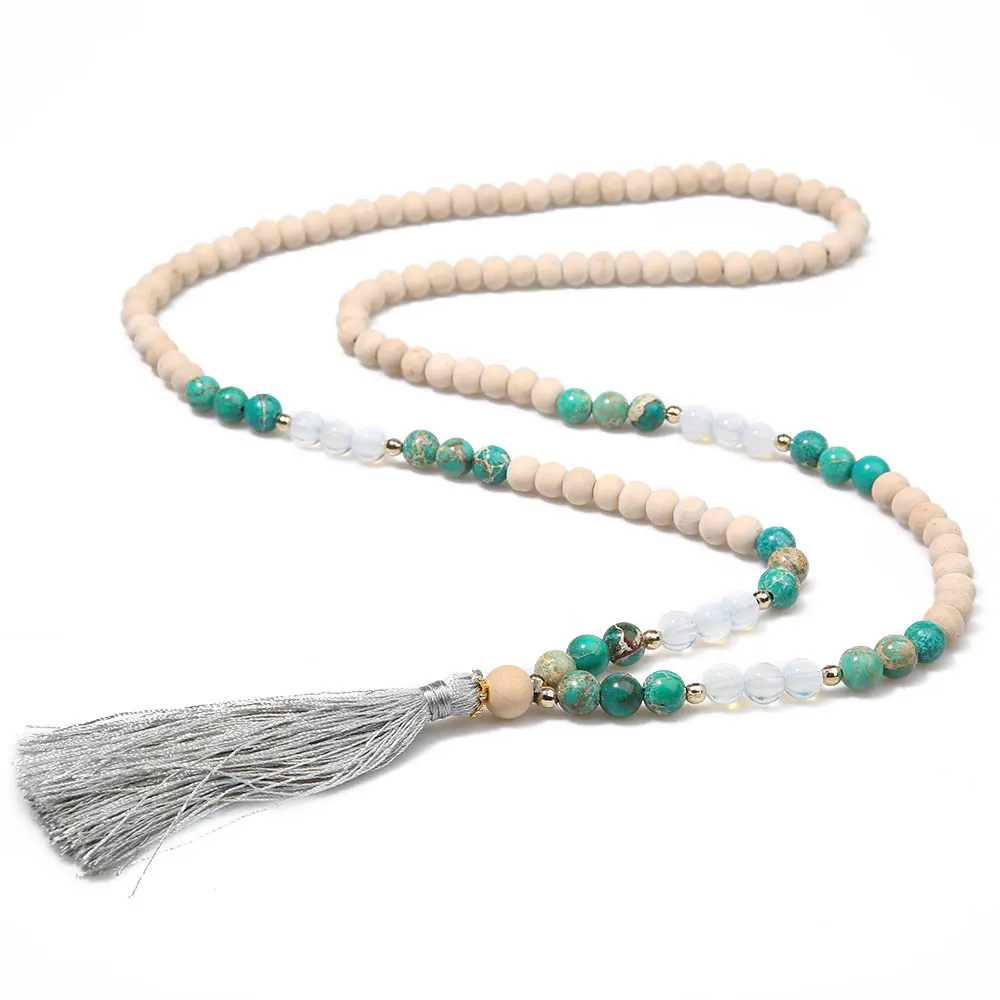 8mm Wooden Beads Emperor Stone Opal Beaded Necklace 108 Japamala Meditation Yoga Jewelry Mala Rosary Tassel Pendant