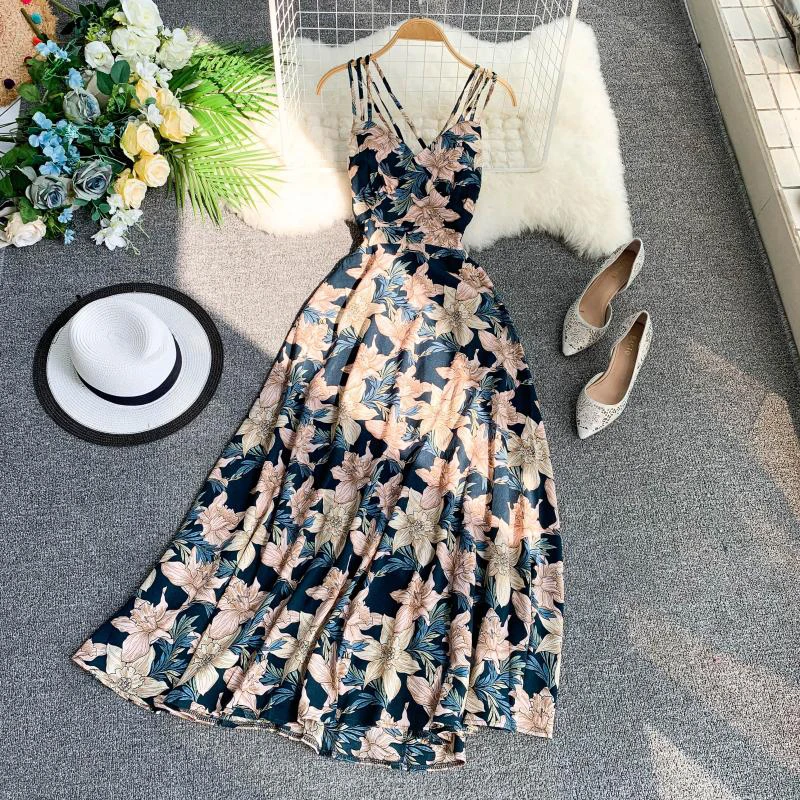 

Female Elegant Bohemian Party Maxi Dress Vestido Women Floral Print Long Dress Summer Sexy V-Neck Backless Dresses