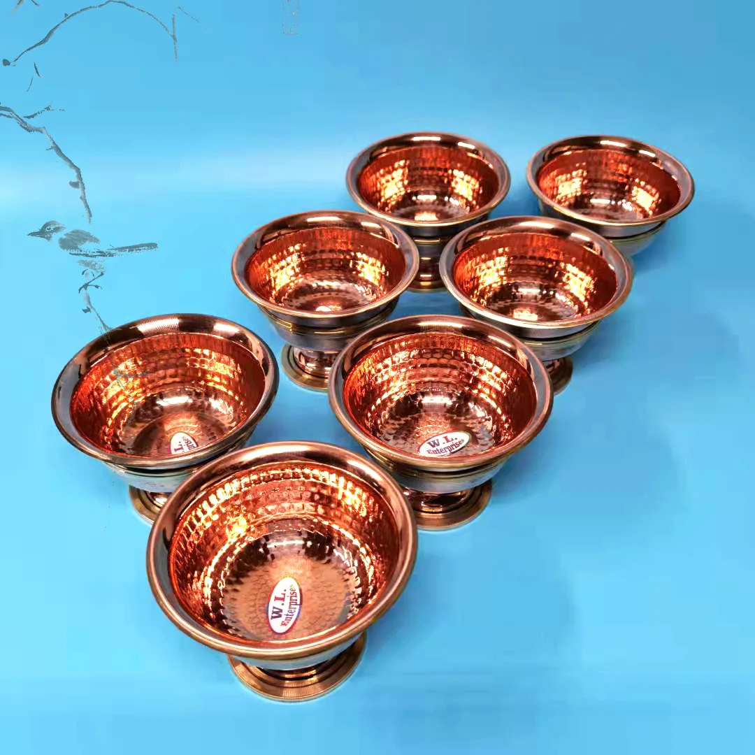 Nepal Hand-Carved Red Copper High-Footed Tibetan Buddhist Bowl With Water Supply Cup And Water Bowl-7 Sets