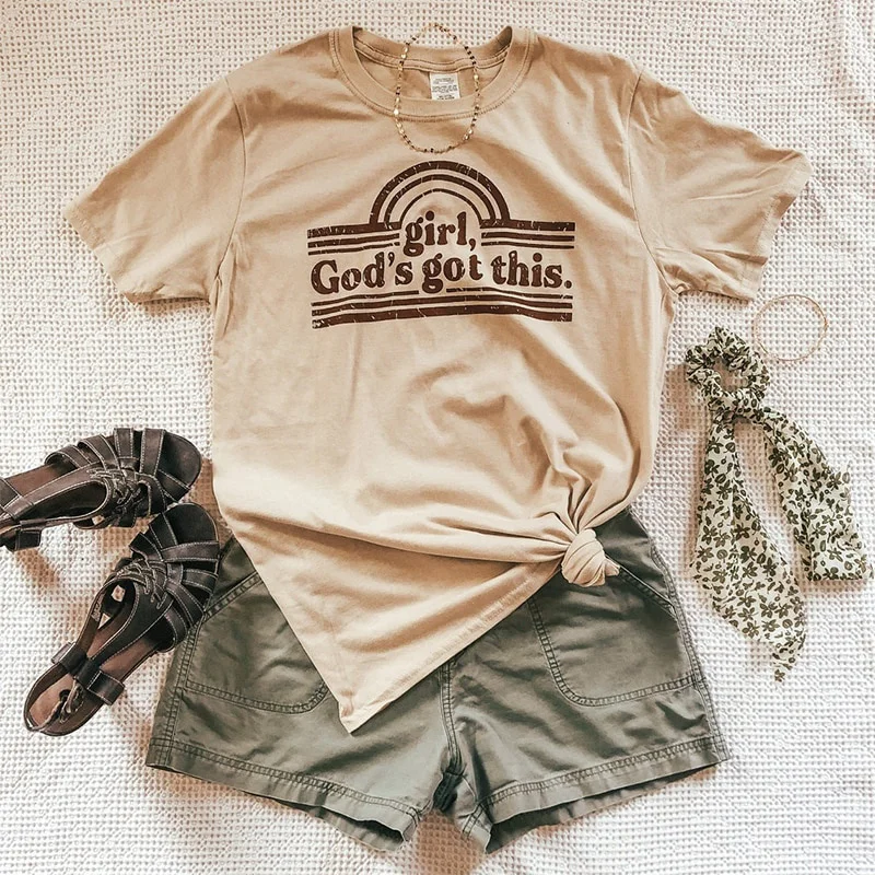 kuakuayu HJN Girl God's Got This Women Cute Graphic Tshirts Khaki Loose Cotton Short Sleeve Tops Summer Casual Shirts