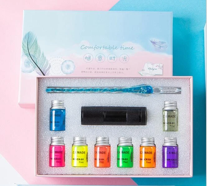 High Light Fluorescence Ink Glass Pen Gift Box Invisible Color Ink Dip Pen With UV Torch Gift Box