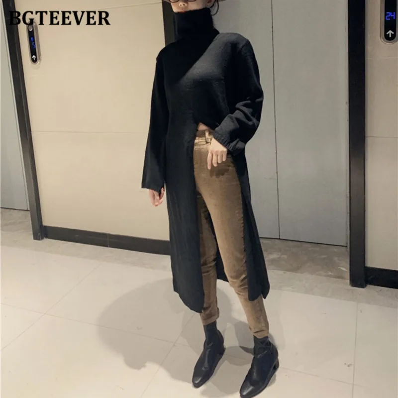 BGTEEVER Fashion Turtleneck Split Long Women Sweater 2020 Autumn Winter Knitting Tops Elegant Loose Female Knitted Pullovers