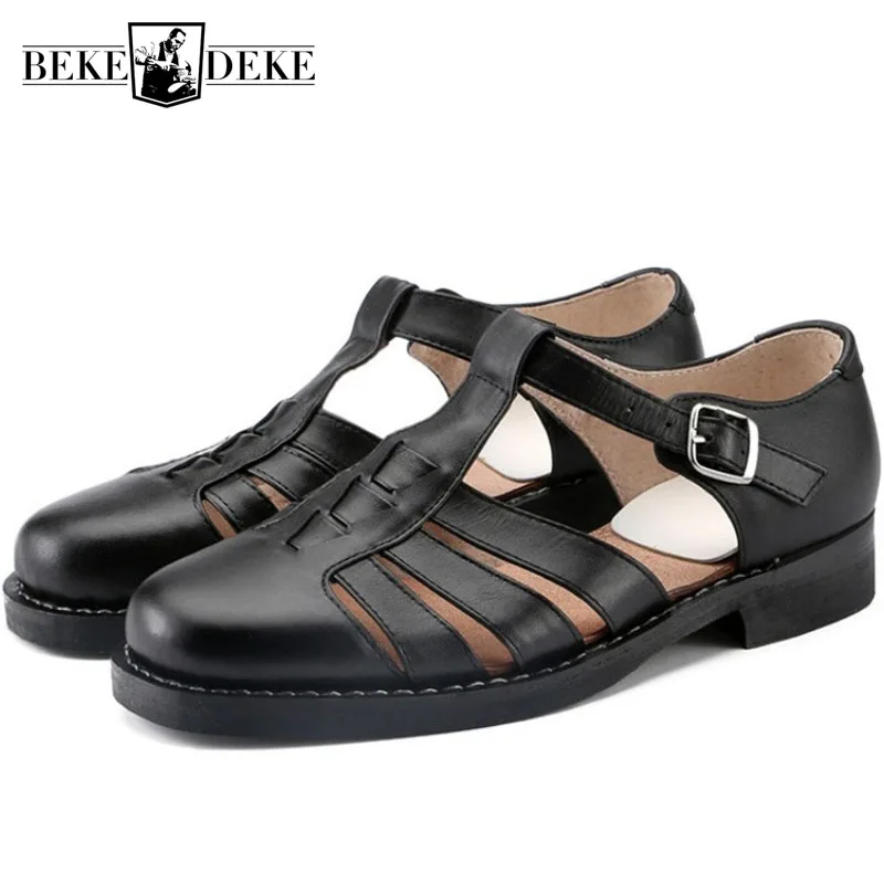 Summer High Quality Leather Formal Shoes Men Round Toe Hollow Buckle Sandals Handmade Leisure Soft Sole Sandals Size 47 48