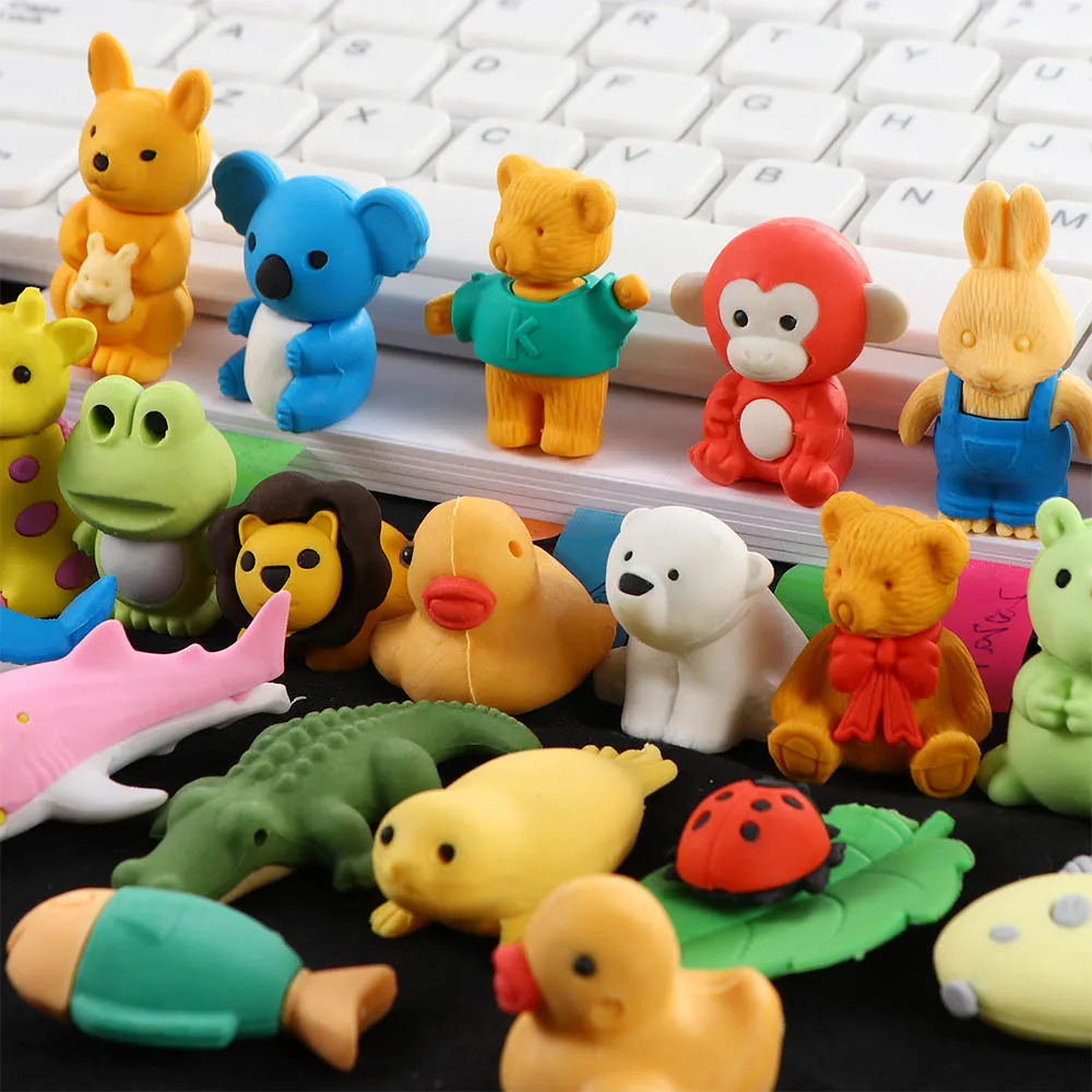 10PCS Cute Animal Shaped Eraser Cartoon Design Eraser Stationery Collection Wholesale Animal Pencil Erasers School Supplies