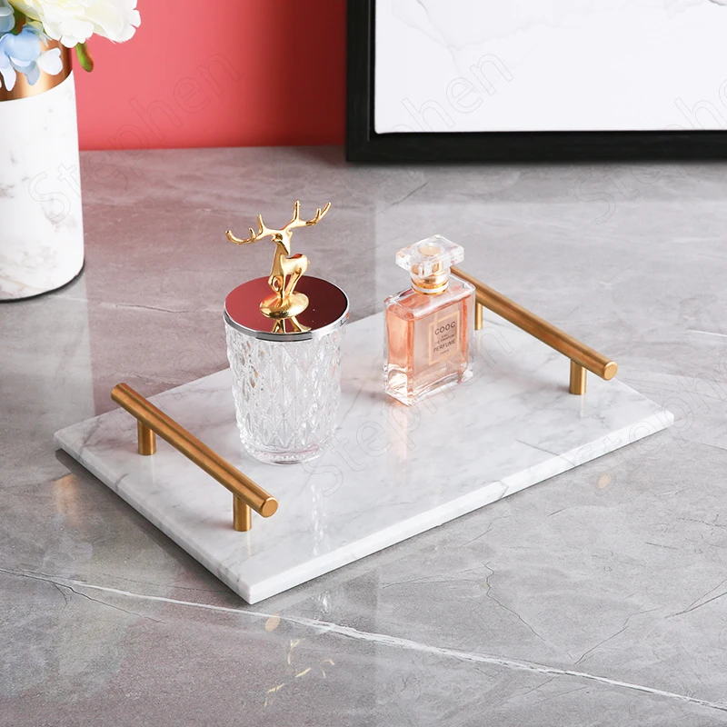 

Golden Handle Marble Trays Decorative European Rectangle Coffee Table Desktop Storage Tray Bathroom Accessories Organizer Plates