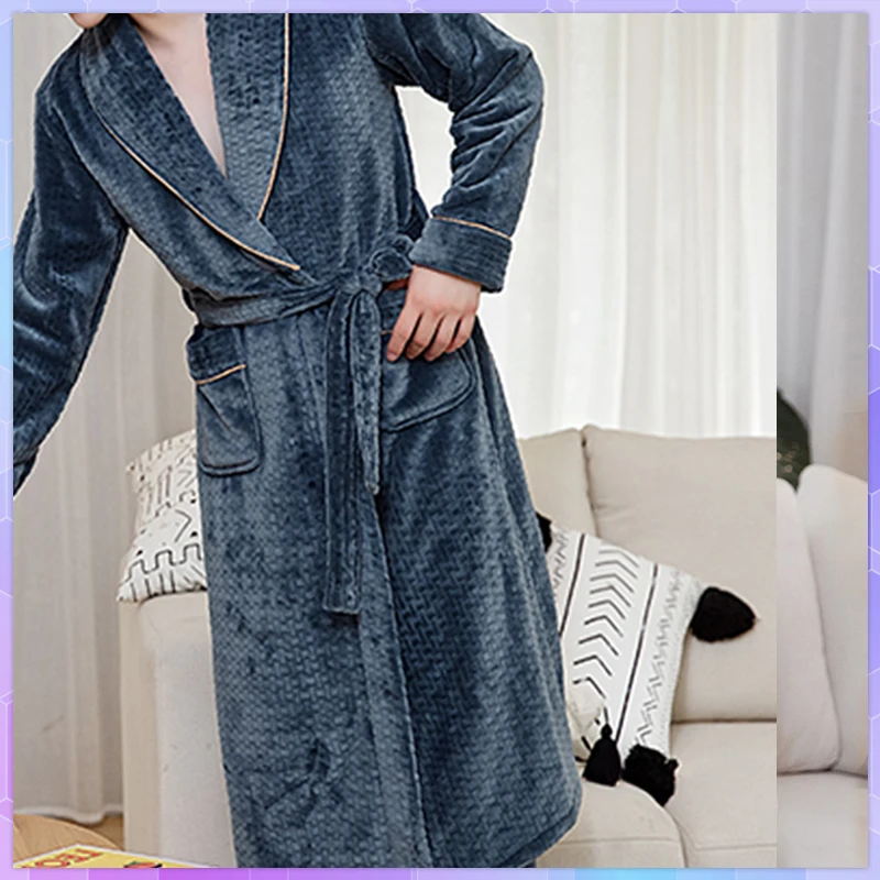 Winter Solid Men\'s Bathrobe Terry Female Casual Kimono House Blanket Gown Long Robes Thick Warm Sleepwear Nightgown Male L-3Xl