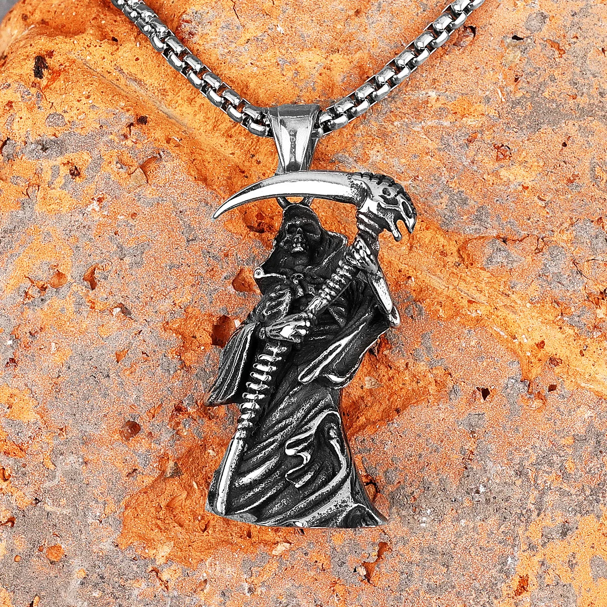 Grim Reaper Scythe Skull Stainless Steel Men Necklaces Pendants Chain Punk for Boyfriend Male Jewelry Creativity Gift Wholesale