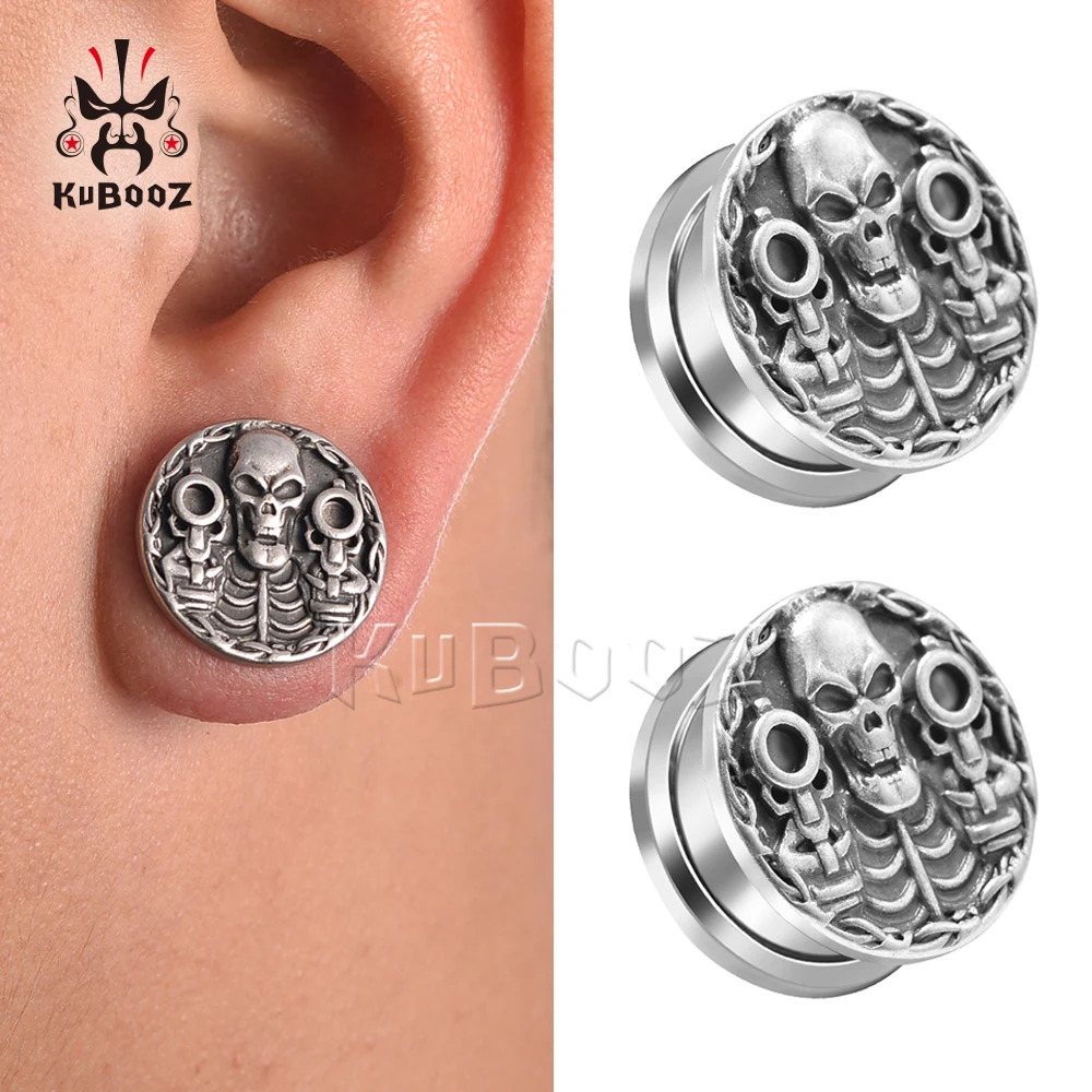 KUBOOZ Latest Stainless Steel Skull Pistol Handgun Ear Piercing Plugs Expanders Body Jewelry Earring Tunnels Stretchers 2PCS