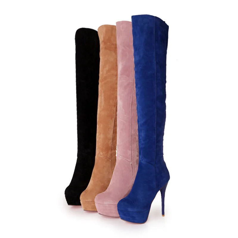 YMECHIC Winter Womens Overknee Faux Suede Slim Boots Platform Super High Stiletto Heels Riding Thigh High Boots Pink Blue Shoes