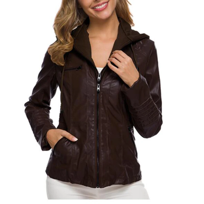 Customizable Hooded Leather Jacket Autumn Winter women's with zipper leather jacket short PU jacket coat Suit Jackets