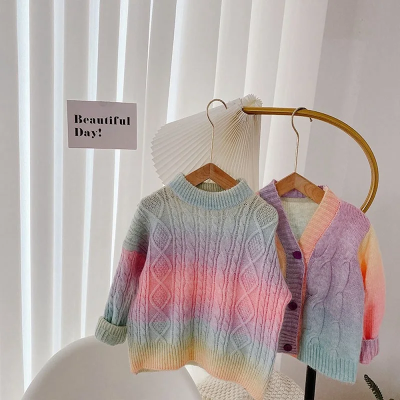 Kids Knitwear Coat Top 1-10Y Baby Girl Knit Cardigan Tie Dye Rainbow Infant Toddler Child Sweater Outfit Clothes Baby Cardigan