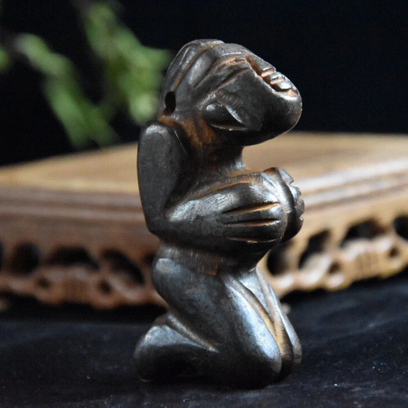 Chinese Hongshan Jade Culture Archaize can absorb magnetic black iron meteorite sculpture Hongshan figure statue #1