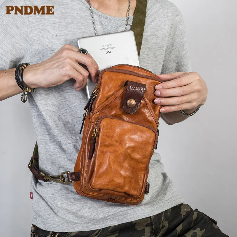 

Fashion vintage genuine leather men's chest bag casual high-quality natural real cowhide multi-compartment shoulder diagonal bag