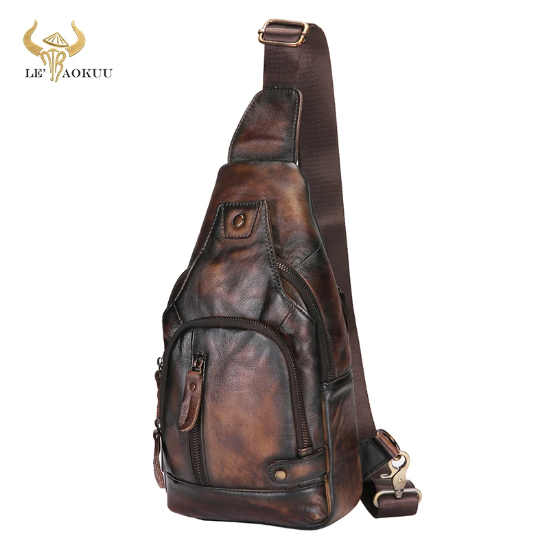 

New Hot Sale Soft Original Leather Retro Sling Chest Bag 8" Tablet Design One Shoulder Strap Cross-body Bag For Men Male 8066