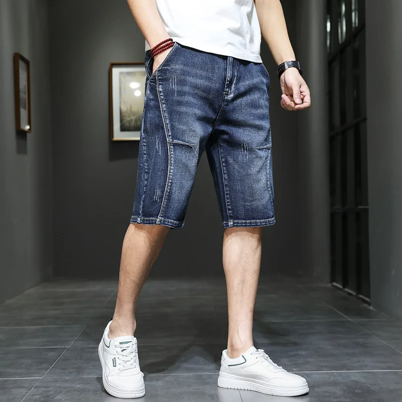 Summer Thin Spliced Vintage Denim Shorts Men\'s Cowboy Short Pants Casual Male Man Clothing Patchwork Jeans