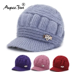 Winter Visor Hats for Woman Thicker Short Brim Knitted Cap Girls Autumn Metal Embellish Solid Hat Warmer Soft Bonnet Casual Cap