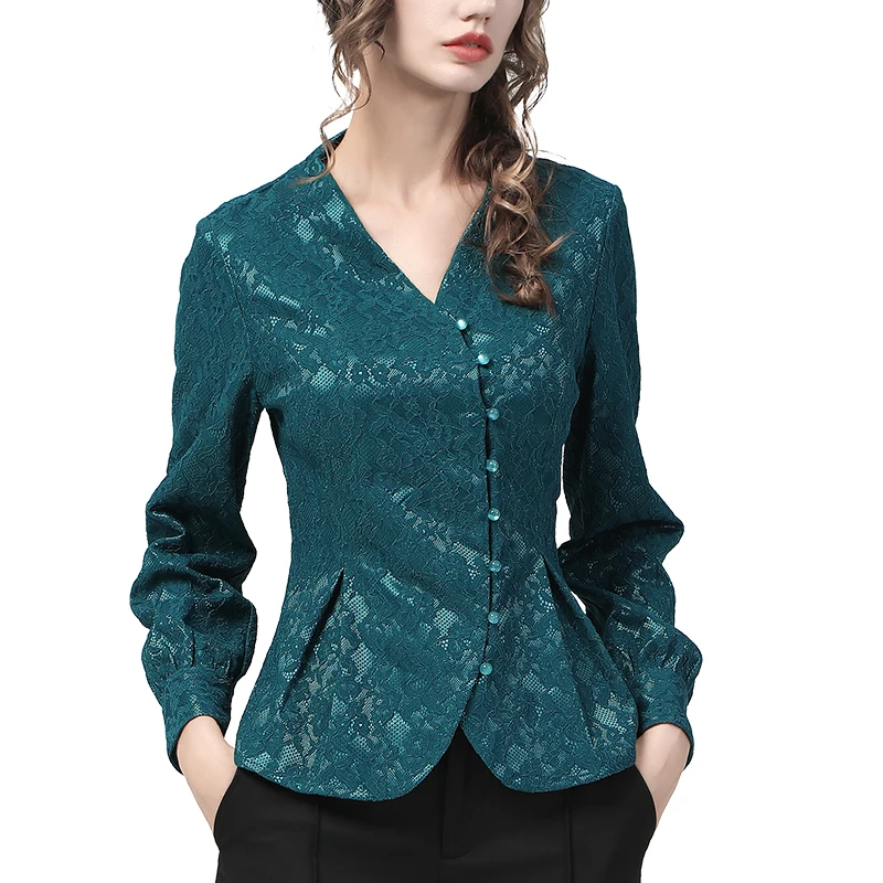 Vintage Women Lace Top Asymmetry Pearls Button Down Tunic Shirt 2021 Autumn New Long Sleeve Elegant Slim Office Ladies Blouses